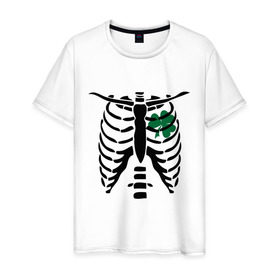 Мужская футболка хлопок с принтом Скелет и клевер в Петрозаводске, 100% хлопок | прямой крой, круглый вырез горловины, длина до линии бедер, слегка спущенное плечо. | скелет