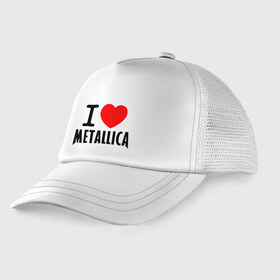 Детская кепка тракер с принтом I love Metallica в Петрозаводске, Козырек - 100% хлопок. Кепка - 100% полиэстер, Задняя часть - сетка | универсальный размер, пластиковая застёжка | металлика