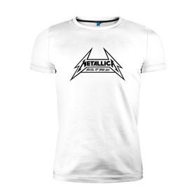 Мужская футболка премиум с принтом Metallica logo в Петрозаводске, 92% хлопок, 8% лайкра | приталенный силуэт, круглый вырез ворота, длина до линии бедра, короткий рукав | Тематика изображения на принте: металлика