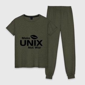 Женская пижама хлопок с принтом Make unix, not war в Петрозаводске, 100% хлопок | брюки и футболка прямого кроя, без карманов, на брюках мягкая резинка на поясе и по низу штанин | Тематика изображения на принте: make | unix | юникс