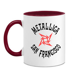 Кружка двухцветная с принтом Metallica (San Francisco) в Петрозаводске, керамика | объем — 330 мл, диаметр — 80 мм. Цветная ручка и кайма сверху, в некоторых цветах — вся внутренняя часть | metallica | san francisco