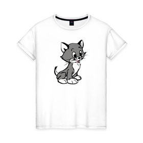 Женская футболка хлопок с принтом Котёнок в Петрозаводске, 100% хлопок | прямой крой, круглый вырез горловины, длина до линии бедер, слегка спущенное плечо | 