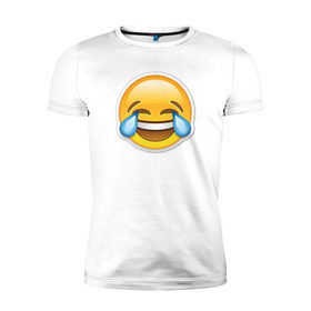 Мужская футболка премиум с принтом Смайл смеющийся в Петрозаводске, 92% хлопок, 8% лайкра | приталенный силуэт, круглый вырез ворота, длина до линии бедра, короткий рукав | media | позитив