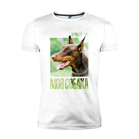 Мужская футболка премиум с принтом Доберман в Петрозаводске, 92% хлопок, 8% лайкра | приталенный силуэт, круглый вырез ворота, длина до линии бедра, короткий рукав | Тематика изображения на принте: drug | доберман | порода | собака