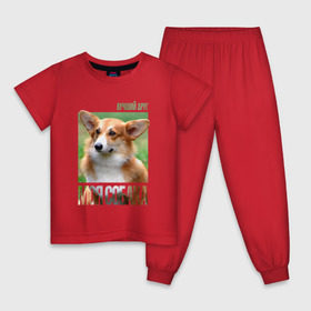Детская пижама хлопок с принтом Вельш-корги-пемброк в Петрозаводске, 100% хлопок |  брюки и футболка прямого кроя, без карманов, на брюках мягкая резинка на поясе и по низу штанин
 | Тематика изображения на принте: drug | вельш корги пемброк | порода | собака
