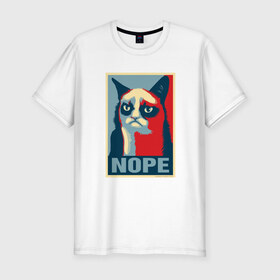 Мужская футболка премиум с принтом Grumpy Cat NOPE в Петрозаводске, 92% хлопок, 8% лайкра | приталенный силуэт, круглый вырез ворота, длина до линии бедра, короткий рукав | Тематика изображения на принте: grumpy cat | nope