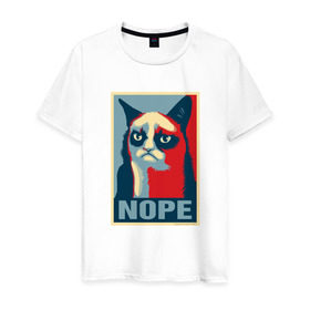 Мужская футболка хлопок с принтом Grumpy Cat NOPE в Петрозаводске, 100% хлопок | прямой крой, круглый вырез горловины, длина до линии бедер, слегка спущенное плечо. | Тематика изображения на принте: grumpy cat | nope