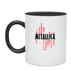 Кружка двухцветная с принтом Metallica History в Петрозаводске, керамика | объем — 330 мл, диаметр — 80 мм. Цветная ручка и кайма сверху, в некоторых цветах — вся внутренняя часть | металлика