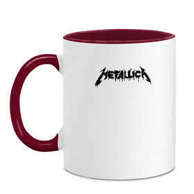 Кружка двухцветная с принтом Metallica painted logo в Петрозаводске, керамика | объем — 330 мл, диаметр — 80 мм. Цветная ручка и кайма сверху, в некоторых цветах — вся внутренняя часть | металлика