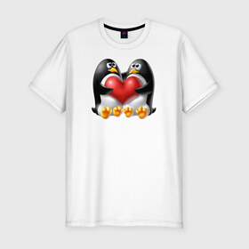 Мужская футболка премиум с принтом Влюбленные пингвины в Петрозаводске, 92% хлопок, 8% лайкра | приталенный силуэт, круглый вырез ворота, длина до линии бедра, короткий рукав | . любовь | влюбленные пингвины с сердцемвлюбленные | пингвины | сердце