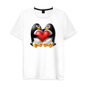Мужская футболка хлопок с принтом Влюбленные пингвины в Петрозаводске, 100% хлопок | прямой крой, круглый вырез горловины, длина до линии бедер, слегка спущенное плечо. | . любовь | влюбленные пингвины с сердцемвлюбленные | пингвины | сердце