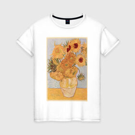 Женская футболка хлопок с принтом ArtJersey в Петрозаводске, 100% хлопок | прямой крой, круглый вырез горловины, длина до линии бедер, слегка спущенное плечо | винсент ван гог «подсолнухи»@