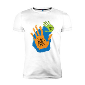 Мужская футболка премиум с принтом Ладони. Этно 2 в Петрозаводске, 92% хлопок, 8% лайкра | приталенный силуэт, круглый вырез ворота, длина до линии бедра, короткий рукав | ethno | hands | ладони | руки | символы