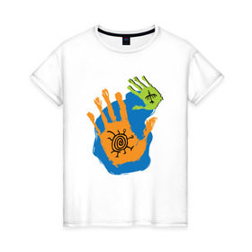 Женская футболка хлопок с принтом Ладони. Этно 2 в Петрозаводске, 100% хлопок | прямой крой, круглый вырез горловины, длина до линии бедер, слегка спущенное плечо | ethno | hands | ладони | руки | символы