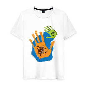 Мужская футболка хлопок с принтом Ладони. Этно 2 в Петрозаводске, 100% хлопок | прямой крой, круглый вырез горловины, длина до линии бедер, слегка спущенное плечо. | ethno | hands | ладони | руки | символы