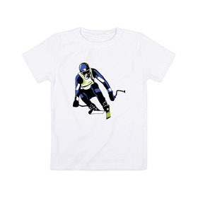Детская футболка хлопок с принтом Лыжник в Петрозаводске, 100% хлопок | круглый вырез горловины, полуприлегающий силуэт, длина до линии бедер | горнолыжная тема | горнолыжник спускается с горыочки | лыжи | лыжник | палки | спорт | шлем