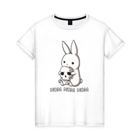 Женская футболка хлопок с принтом Кролик с черепом в Петрозаводске, 100% хлопок | прямой крой, круглый вырез горловины, длина до линии бедер, слегка спущенное плечо | @ | заяц | картинка | кролик | прикол | череп