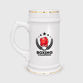 Кружка пивная с принтом Boxing champions в Петрозаводске,  керамика (Материал выдерживает высокую температуру, стоит избегать резкого перепада температур) |  объем 630 мл | boxing | champions | бокс | венок | перчатки | спорт