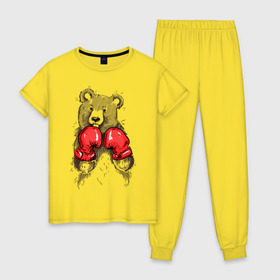 Женская пижама хлопок с принтом Russia boxing в Петрозаводске, 100% хлопок | брюки и футболка прямого кроя, без карманов, на брюках мягкая резинка на поясе и по низу штанин | boxing | бокс | медведь | мишка | перчатки | спорт