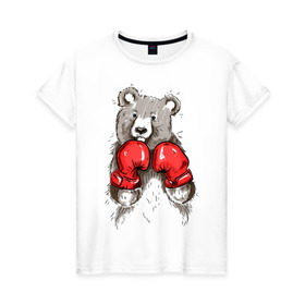 Женская футболка хлопок с принтом Russia boxing в Петрозаводске, 100% хлопок | прямой крой, круглый вырез горловины, длина до линии бедер, слегка спущенное плечо | boxing | бокс | медведь | мишка | перчатки | спорт