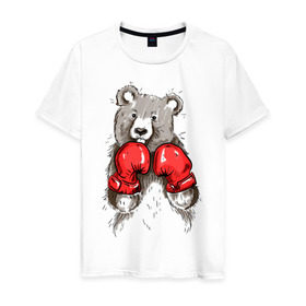 Мужская футболка хлопок с принтом Russia boxing в Петрозаводске, 100% хлопок | прямой крой, круглый вырез горловины, длина до линии бедер, слегка спущенное плечо. | Тематика изображения на принте: boxing | бокс | медведь | мишка | перчатки | спорт