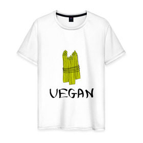 Мужская футболка хлопок с принтом Веган в Петрозаводске, 100% хлопок | прямой крой, круглый вырез горловины, длина до линии бедер, слегка спущенное плечо. | @ | веган | вегетарианство | как символ сыроеденияпитание | на макете изображена стилизованная спаржа | спаржа | спорт