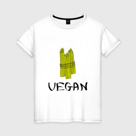Женская футболка хлопок с принтом Веган в Петрозаводске, 100% хлопок | прямой крой, круглый вырез горловины, длина до линии бедер, слегка спущенное плечо | @ | веган | вегетарианство | как символ сыроеденияпитание | на макете изображена стилизованная спаржа | спаржа | спорт