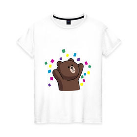 Женская футболка хлопок с принтом Стикер Line мишка в Петрозаводске, 100% хлопок | прямой крой, круглый вырез горловины, длина до линии бедер, слегка спущенное плечо | медведь | радость | стикер line