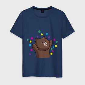 Мужская футболка хлопок с принтом Стикер Line мишка в Петрозаводске, 100% хлопок | прямой крой, круглый вырез горловины, длина до линии бедер, слегка спущенное плечо. | медведь | радость | стикер line