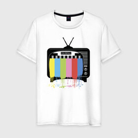 Мужская футболка хлопок с принтом Телевизор в Петрозаводске, 100% хлопок | прямой крой, круглый вырез горловины, длина до линии бедер, слегка спущенное плечо. | @ | телевизортелевизор