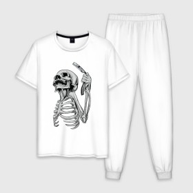 Мужская пижама хлопок с принтом Скелет с бритвой в Петрозаводске, 100% хлопок | брюки и футболка прямого кроя, без карманов, на брюках мягкая резинка на поясе и по низу штанин
 | скелет