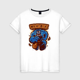 Женская футболка хлопок с принтом Печеньки в Петрозаводске, 100% хлопок | прямой крой, круглый вырез горловины, длина до линии бедер, слегка спущенное плечо | cookie | коржик | монстр | печенье | улица сезам