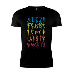 Мужская футболка премиум с принтом Рок алфавит (без расшифровки) в Петрозаводске, 92% хлопок, 8% лайкра | приталенный силуэт, круглый вырез ворота, длина до линии бедра, короткий рукав | Тематика изображения на принте: kiss | nirvana | ozzy | rock | алфавит | группы | рок