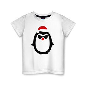 Детская футболка хлопок с принтом Крутой пингвин дед мороз в Петрозаводске, 100% хлопок | круглый вырез горловины, полуприлегающий силуэт, длина до линии бедер | крутой пингвин дед морозкрутой пингвин дед мороз новый год
