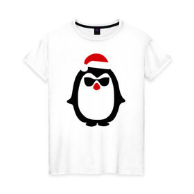 Женская футболка хлопок с принтом Крутой пингвин дед мороз в Петрозаводске, 100% хлопок | прямой крой, круглый вырез горловины, длина до линии бедер, слегка спущенное плечо | крутой пингвин дед морозкрутой пингвин дед мороз новый год