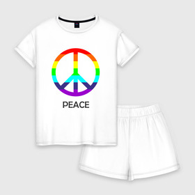 Женская пижама с шортиками хлопок с принтом Мир (Peace) Пацифик в Петрозаводске, 100% хлопок | футболка прямого кроя, шорты свободные с широкой мягкой резинкой | (peace) | венок | знак | на картинке изображен знак пацифик и надпись peace   мирмир | пацифик | пис