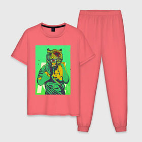 Мужская пижама хлопок с принтом Tiger в Петрозаводске, 100% хлопок | брюки и футболка прямого кроя, без карманов, на брюках мягкая резинка на поясе и по низу штанин
 | hotline miami