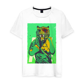 Мужская футболка хлопок с принтом Tiger в Петрозаводске, 100% хлопок | прямой крой, круглый вырез горловины, длина до линии бедер, слегка спущенное плечо. | hotline miami