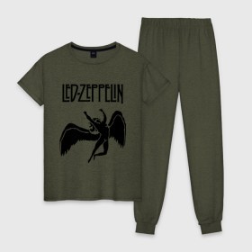 Женская пижама хлопок с принтом Led Zeppelin swan в Петрозаводске, 100% хлопок | брюки и футболка прямого кроя, без карманов, на брюках мягкая резинка на поясе и по низу штанин | Тематика изображения на принте: led zeppelin