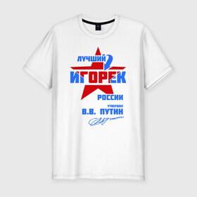 Мужская футболка премиум с принтом Лучший Игорёк России в Петрозаводске, 92% хлопок, 8% лайкра | приталенный силуэт, круглый вырез ворота, длина до линии бедра, короткий рукав | igor | игорёха | игорь | игорян