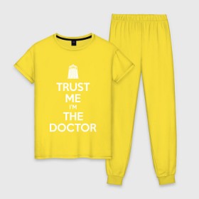 Женская пижама хлопок с принтом Trust me Im the doctor в Петрозаводске, 100% хлопок | брюки и футболка прямого кроя, без карманов, на брюках мягкая резинка на поясе и по низу штанин | doctor who | keep calm | для темных основtrust me | доктор кто