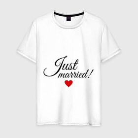 Мужская футболка хлопок с принтом Молодожёны в Петрозаводске, 100% хлопок | прямой крой, круглый вырез горловины, длина до линии бедер, слегка спущенное плечо. | just married | любовь | молодожёны | свадьба | семья