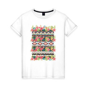 Женская футболка хлопок с принтом Flower pattern в Петрозаводске, 100% хлопок | прямой крой, круглый вырез горловины, длина до линии бедер, слегка спущенное плечо | 