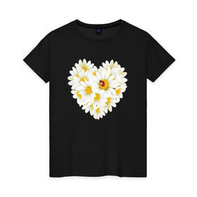 Женская футболка хлопок с принтом Цветущее сердце в Петрозаводске, 100% хлопок | прямой крой, круглый вырез горловины, длина до линии бедер, слегка спущенное плечо | Тематика изображения на принте: любовь | ромашки | сердце | цветы