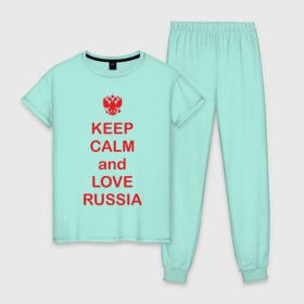 Женская пижама хлопок с принтом KEEP CALM and LOVE RUSSIA в Петрозаводске, 100% хлопок | брюки и футболка прямого кроя, без карманов, на брюках мягкая резинка на поясе и по низу штанин | keep calm | keep calm and love russiarussia | россия | я русский