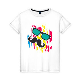 Женская футболка хлопок с принтом Летнее настроение в Петрозаводске, 100% хлопок | прямой крой, круглый вырез горловины, длина до линии бедер, слегка спущенное плечо | лето | настроение | очки | позитив | усы | цвет