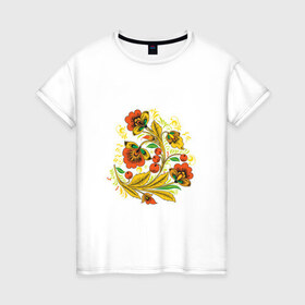 Женская футболка хлопок с принтом Хохлома в Петрозаводске, 100% хлопок | прямой крой, круглый вырез горловины, длина до линии бедер, слегка спущенное плечо | 