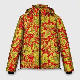 Мужская зимняя куртка 3D с принтом Хохлома в Петрозаводске, верх — 100% полиэстер; подкладка — 100% полиэстер; утеплитель — 100% полиэстер | длина ниже бедра, свободный силуэт Оверсайз. Есть воротник-стойка, отстегивающийся капюшон и ветрозащитная планка. 

Боковые карманы с листочкой на кнопках и внутренний карман на молнии. | Тематика изображения на принте: роспись | узор | хохлома