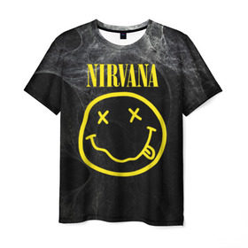 Мужская футболка 3D с принтом Nirvana в Петрозаводске, 100% полиэфир | прямой крой, круглый вырез горловины, длина до линии бедер | Тематика изображения на принте: cobain | curt | nirvana | rock | smile | кобейн | курт | рок | смайл