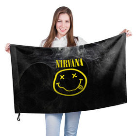 Флаг 3D с принтом Nirvana в Петрозаводске, 100% полиэстер | плотность ткани — 95 г/м2, размер — 67 х 109 см. Принт наносится с одной стороны | cobain | curt | nirvana | rock | smile | кобейн | курт | рок | смайл